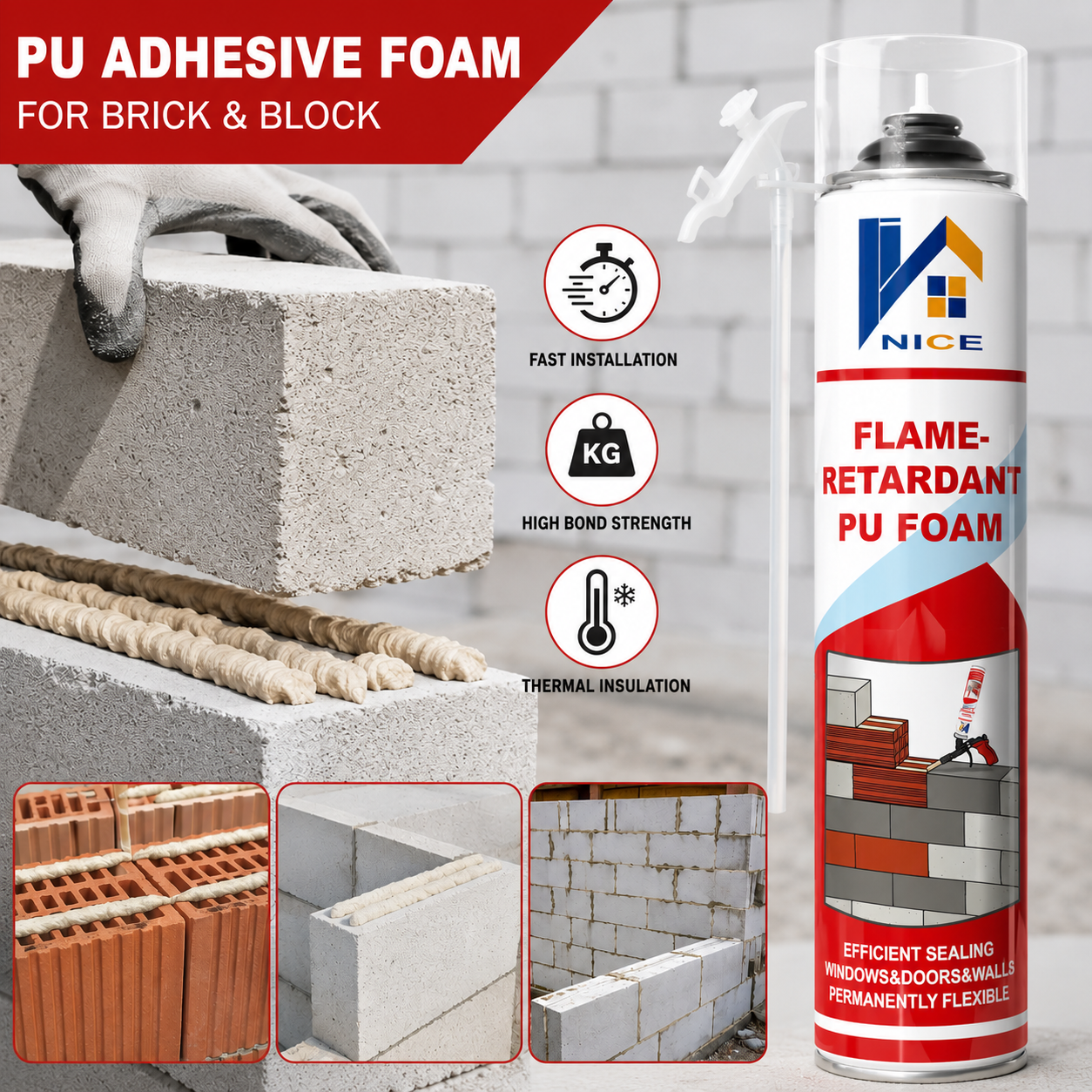 Flame Retardant PU Foam Adhesive for Construction Block & Brick Bonding High Strength Masonry Adhesive Polyurethane Foam Glue