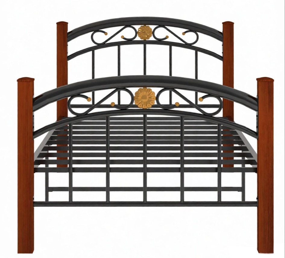 Uetco New Design Nature Wood Colour Leg Full Size Metal Bed