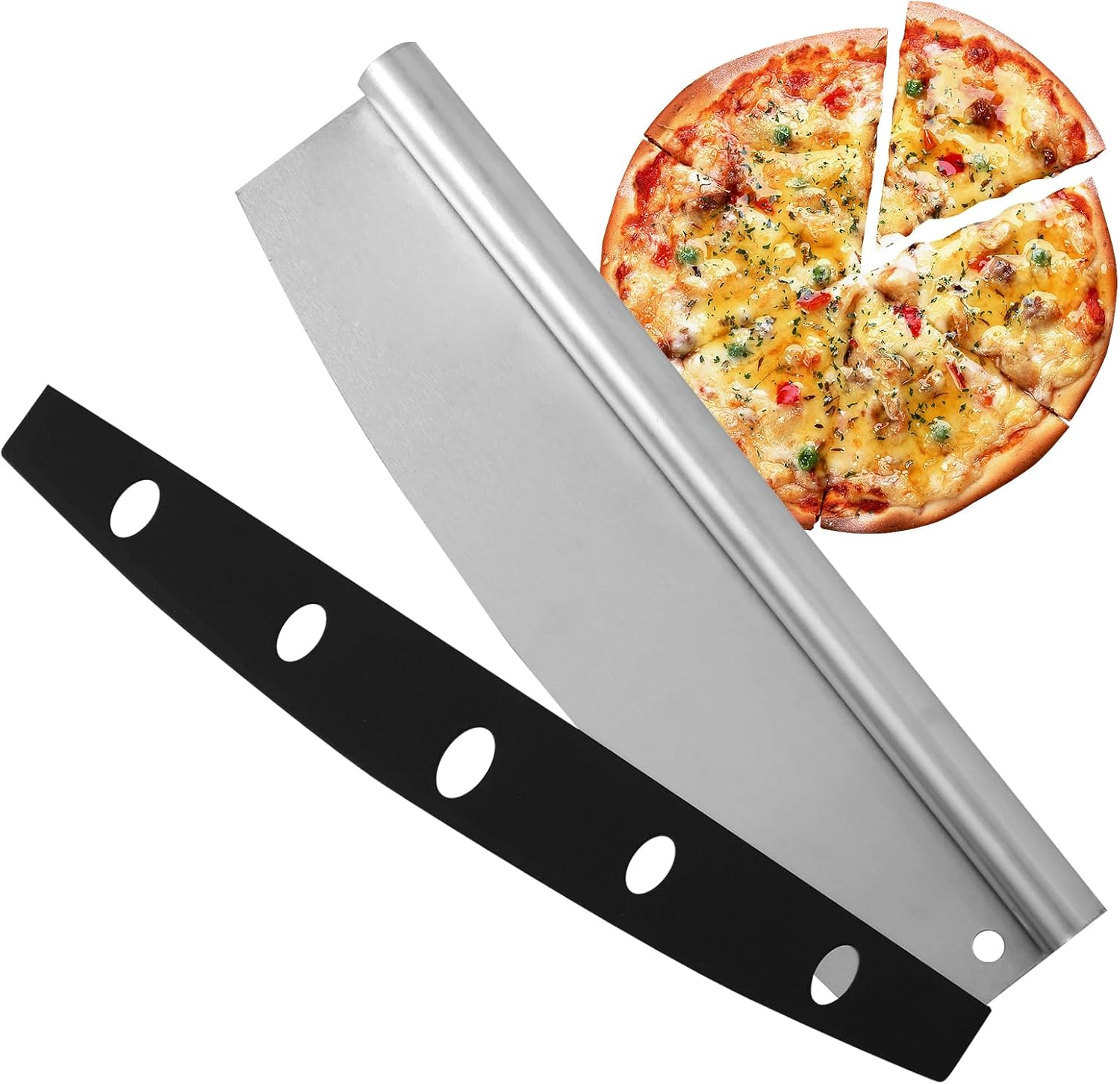 SEB Full Stainless Steel Tube Handle Pizza Rocker Cutter with Protective Blade Cover, Commercial Pizza Slicing Knife for Bakery Tools