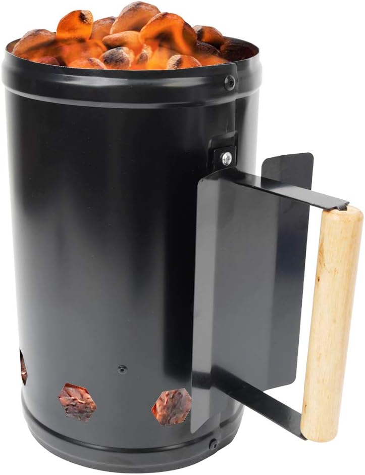 SEB Black Coated Cylinder Charcoal Chimney Starter with Wooden Handle BBQ Accessories