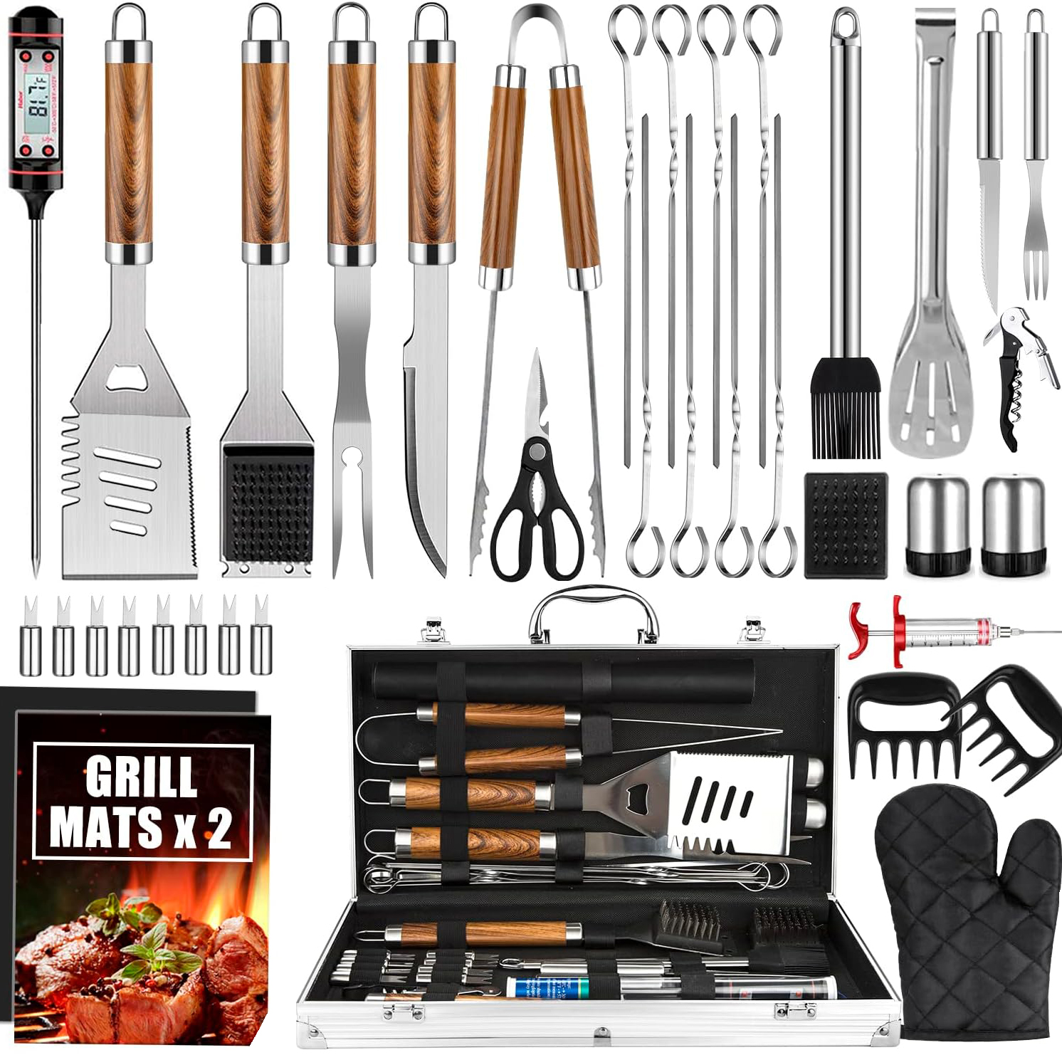 SEB 9PCS Stainless Steel BBQ Grill Tool Set with Striped Round Handles, Barbecue Accessories with Oxford Storage Bag