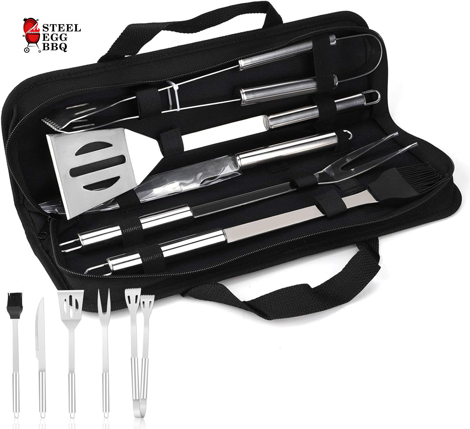 SEB 5PCS Stainless Steel BBQ Grill Tool Set with Smooth Round Handles, Barbecue Utensils with Oxford Cloth Storage Bag