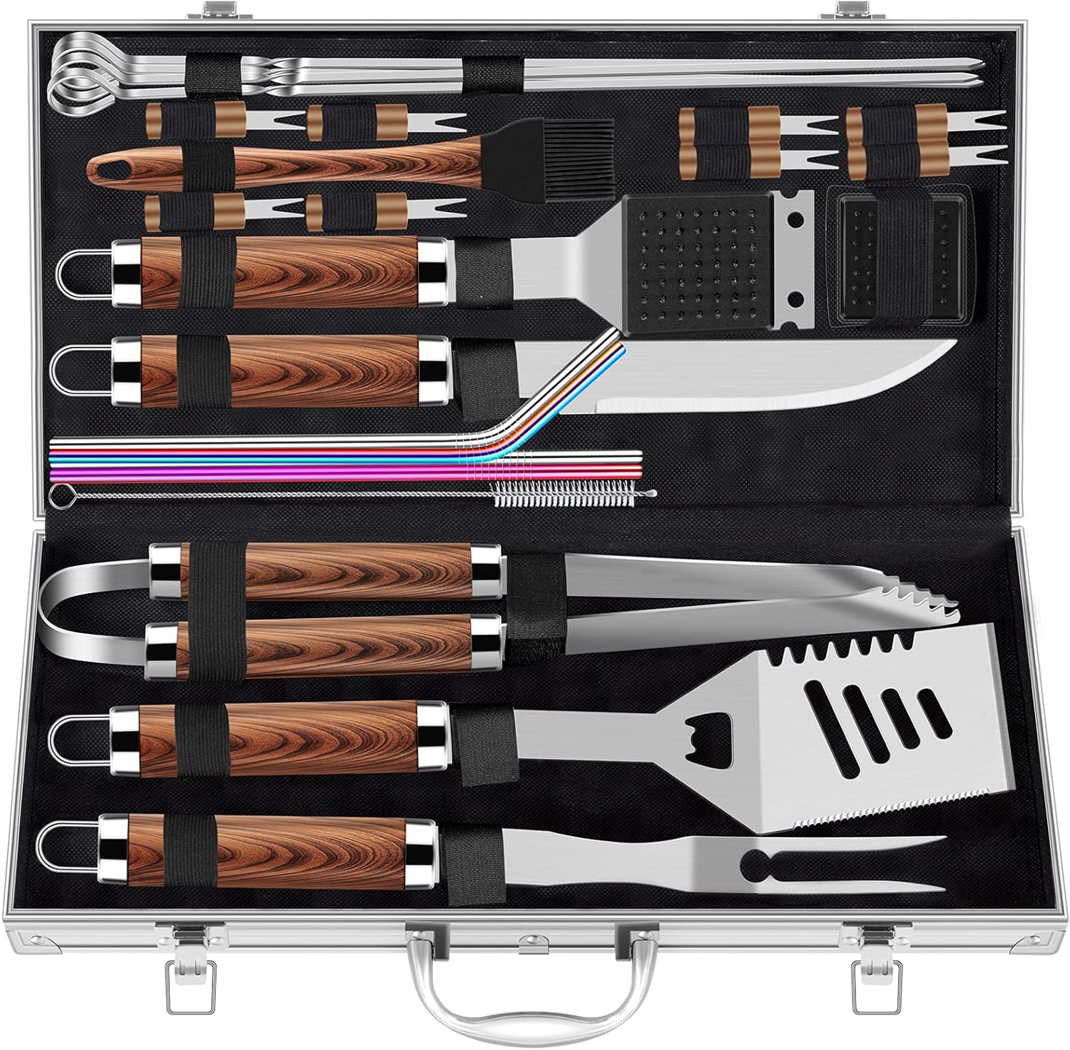 SEB 20PCS BBQ Grill Tool Set with Wood Grain Handle, Stainless Steel Barbecue Accessories with Aluminum Hard Storage Case