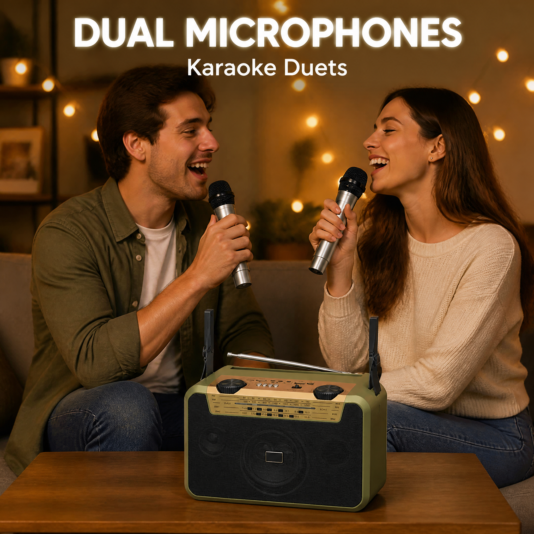 Professional Karaoke Dual microphone Portable Solar powered Radio Bt Speaker