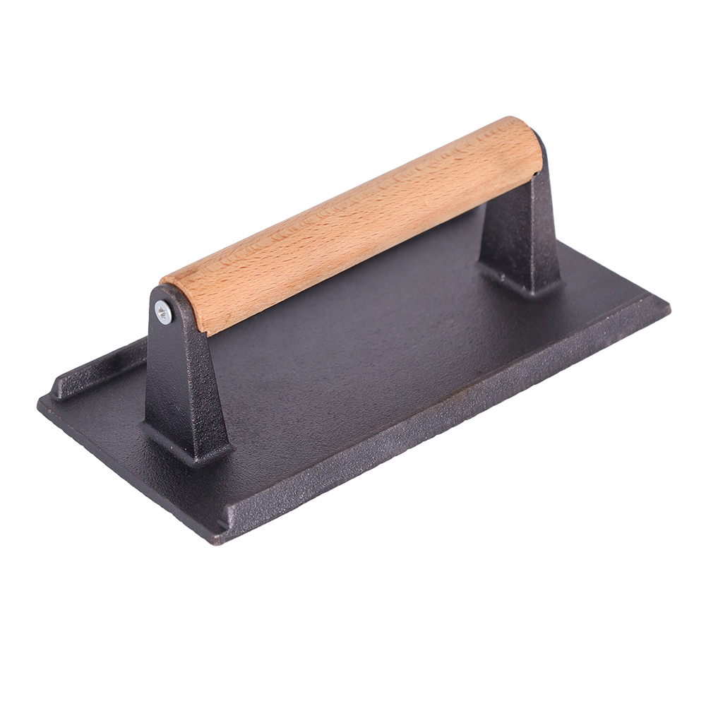 Rectangular Cast Iron Burger Press With Beech Wood Handle Heavy‑Duty Patty Bacon Press For Griddle Flat Top BBQ Cooking Tool