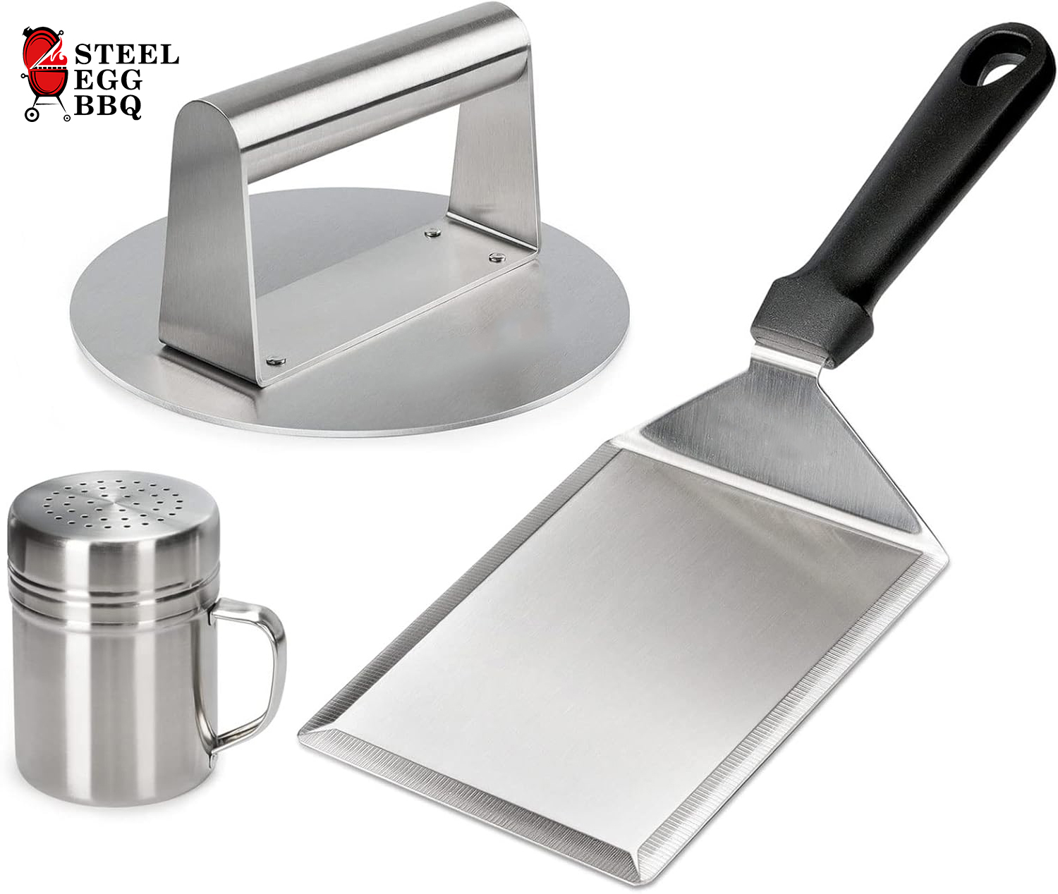 Stainless Steel Burger Press 3‑Pcs Set Including Patty Press, Griddle Spatula & Seasoning Shaker For Flat Top Griddle BBQ Grill Cooking Kit