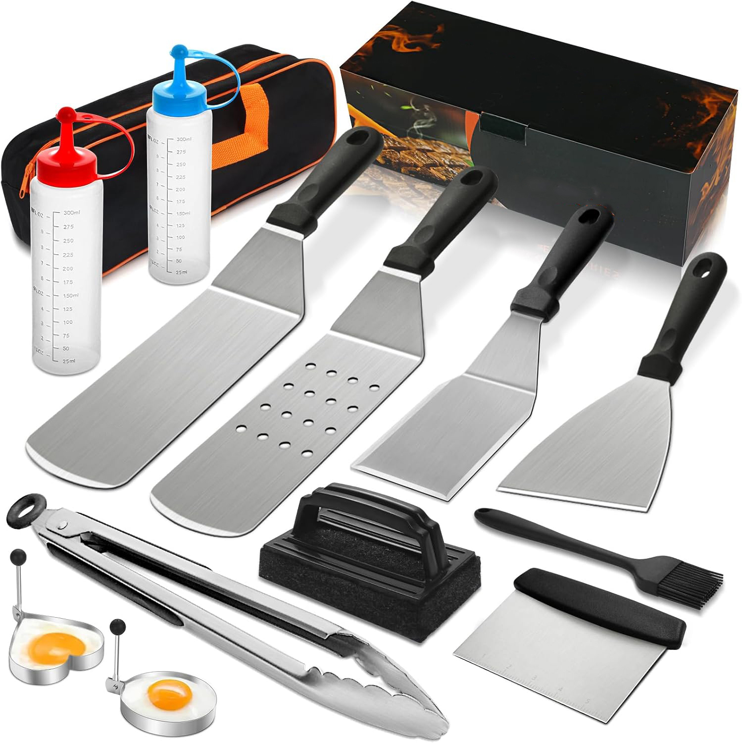 14‑Pcs Stainless Steel Griddle Tool Kit BBQ Grilling Accessories Set With Spatulas, Bottles, Tongs, Egg Rings & Storage Bag For Flat Top Griddle Cooking