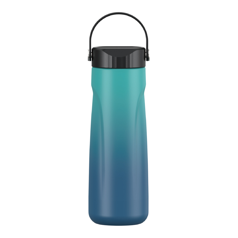 Double‑wall vacuum insulated tumbler, screw‑on lid direct‑drink with carry handle