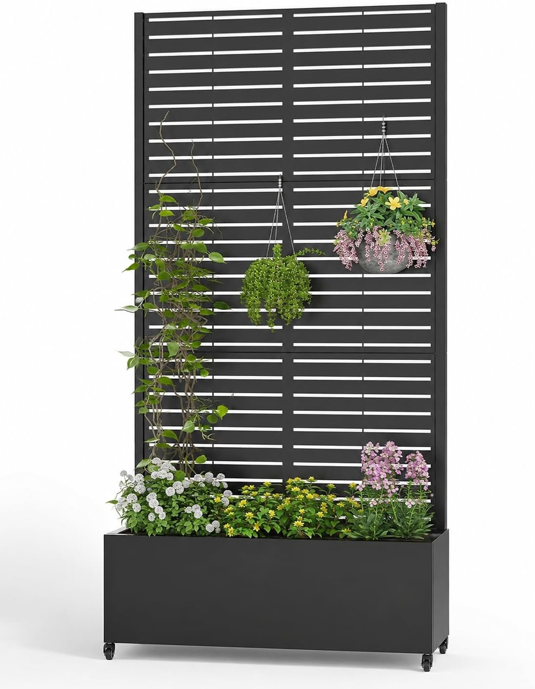 72" Metal Planter Box with Trellis for Outdoor Privacy, Black