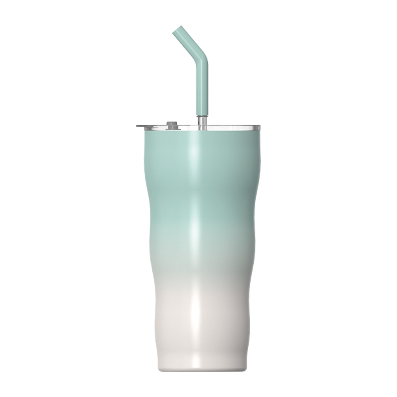 Double‑Wall Vacuum Insulated Mug, Dual‑Drink Lid with Straw & Slide Cover, Ice‑Cream Cup Shape, Wavy Textured Body