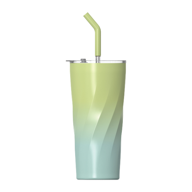 Double‑Wall Vacuum Insulated Mug, Dual‑Drink Lid with Straw & Slide Cover, Ice‑Cream Cup Shape, Wavy Textured Body