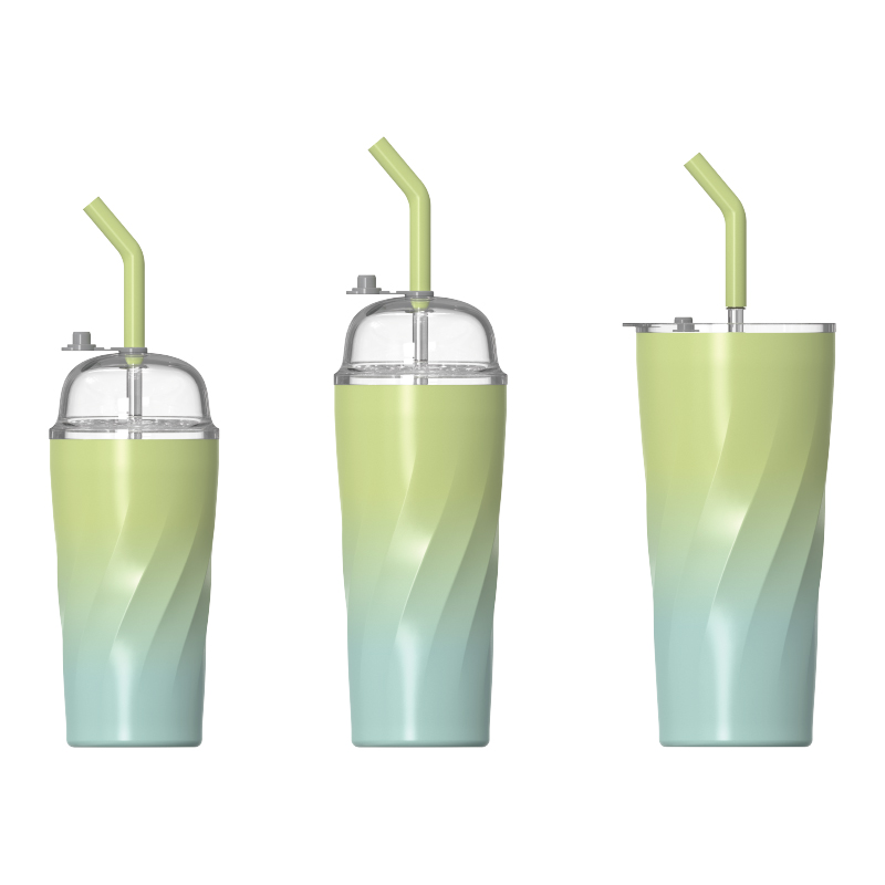 Double‑Wall Vacuum Insulated Mug, Straw Lid, Ice‑Cream Cup Shape, Wavy Texture Body