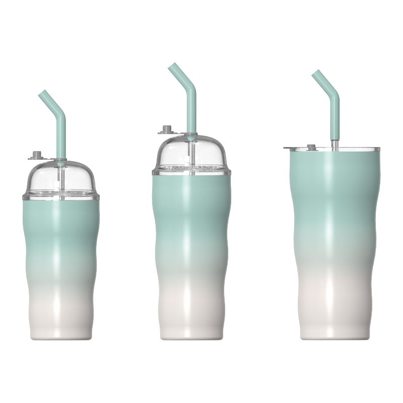 Double‑Wall Vacuum Insulated Mug, Straw Lid, Ice‑Cream Cup Shape, Wavy Texture Body