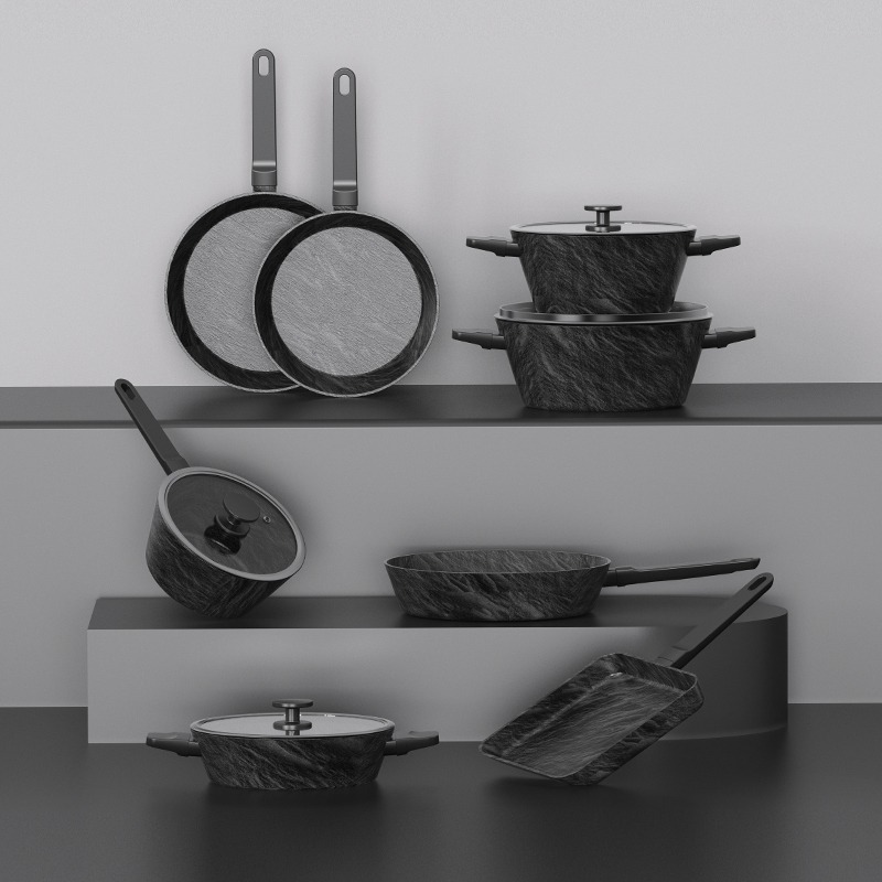 Aluminum press-fitted non-stick cooking pot set