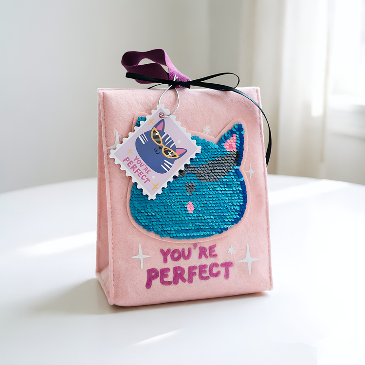Flip Sequin Cat Tote Bag – Needle-Punched Felt Handbag with Reversible Sparkle Kitty Design