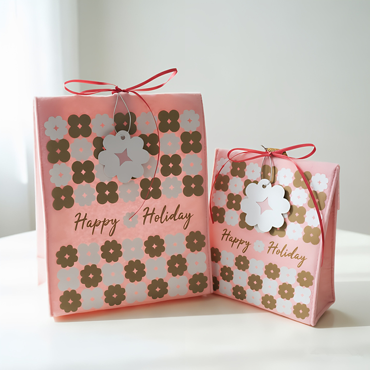 Pink with Golden Flower Print Holiday Souvenir Handheld Present Side Gusset Gift Bag