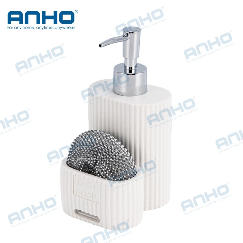 Polyresin kitchen press detergent soap dispenser with sponge holderand brush holder