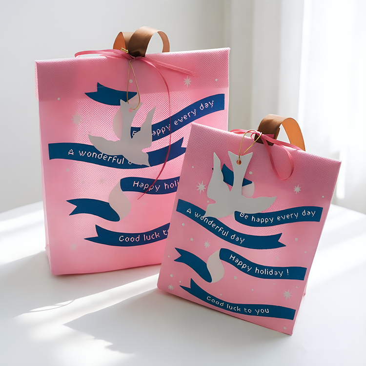 Pink Ribbon Pattern Gift Bags, Holiday Gift Handbags, 2 Sizes