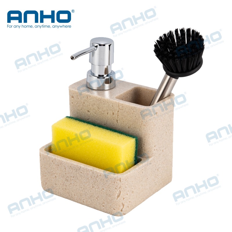 Polyresin kitchen press detergent soap dispenser with sponge holderand brush holder