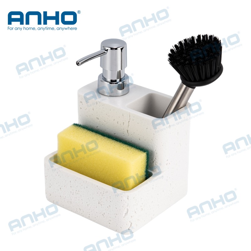 Polyresin kitchen press detergent soap dispenser with sponge holderand brush holder