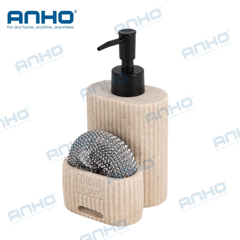 polyresin kitchen press detergent soap dispenser with sponge holderand brush holder
