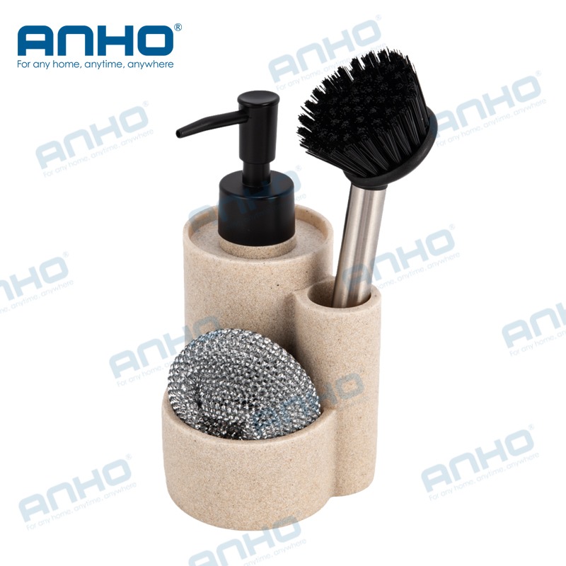 Polyresin kitchen press detergent soap dispenser with sponge holderand brush holder