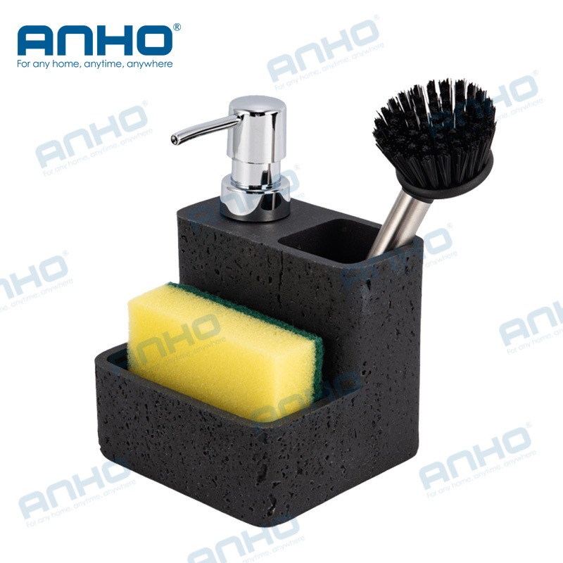 Polyresin kitchen press detergent soap dispenser with sponge holderand brush holder