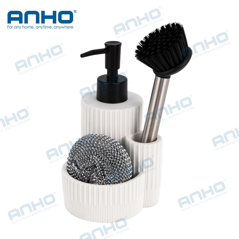 polyresin kitchen press detergent soap dispenser with sponge holderand brush holder