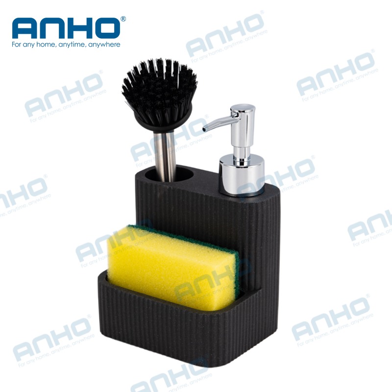 polyresin kitchen press detergent soap dispenser with sponge holderand brush holder