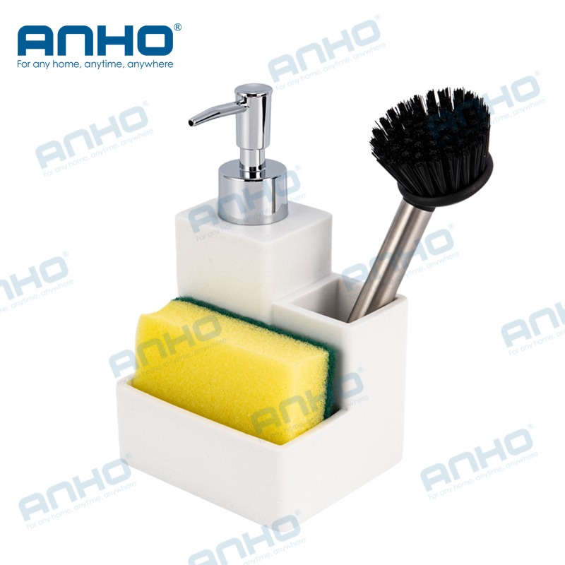 Polyresin kitchen press detergent soap dispenser with sponge holderand brush holder