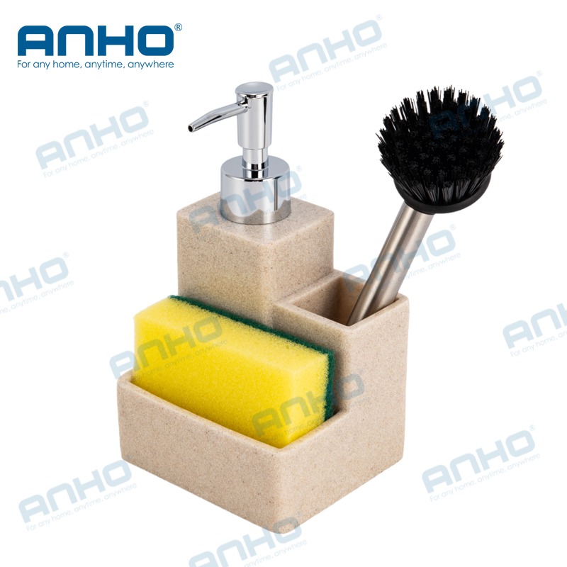 Polyresin kitchen press detergent soap dispenser with sponge holderand brush holder