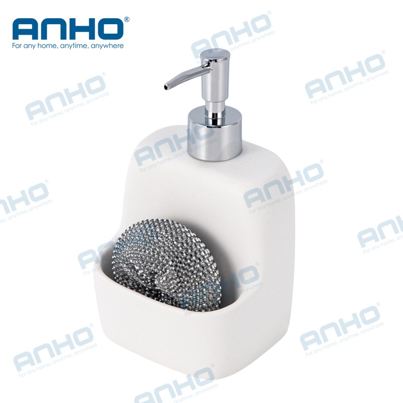 Polyresin kitchen press detergent soap dispenser with sponge holderand brush holder