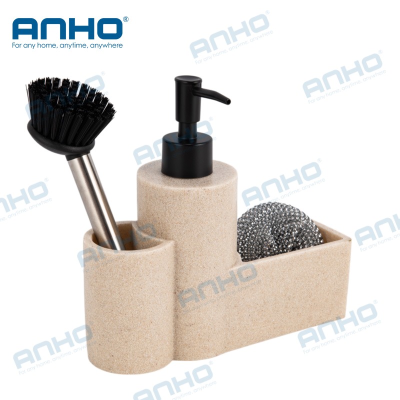 polyresin kitchen press detergent soap dispenser with sponge holderand brush holder