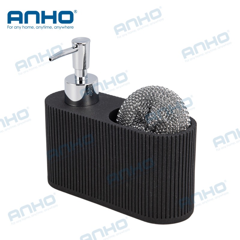 Polyresin kitchen press detergent soap dispenser with sponge holderand brush holder