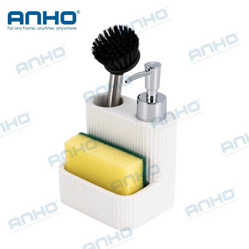 polyresin kitchen press detergent soap dispenser with sponge holderand brush holder