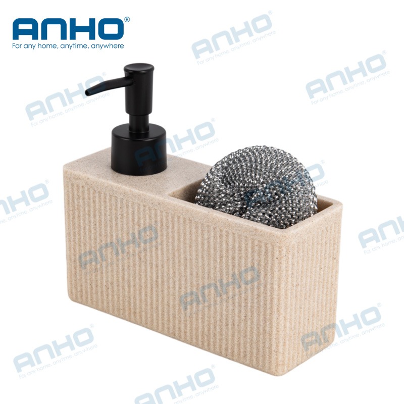 polyresin kitchen press detergent soap dispenser with sponge holderand brush holder