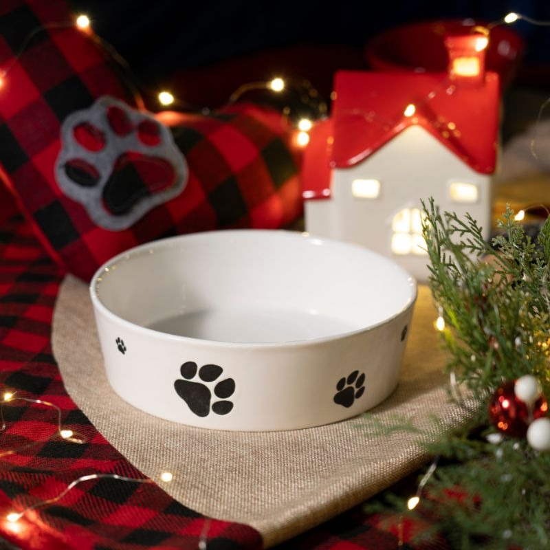 WWS Ceramic Pet Bowl (10.5 Inch) Minimalist Paw Print Design | Heavyweight Non-Slip Porcelain