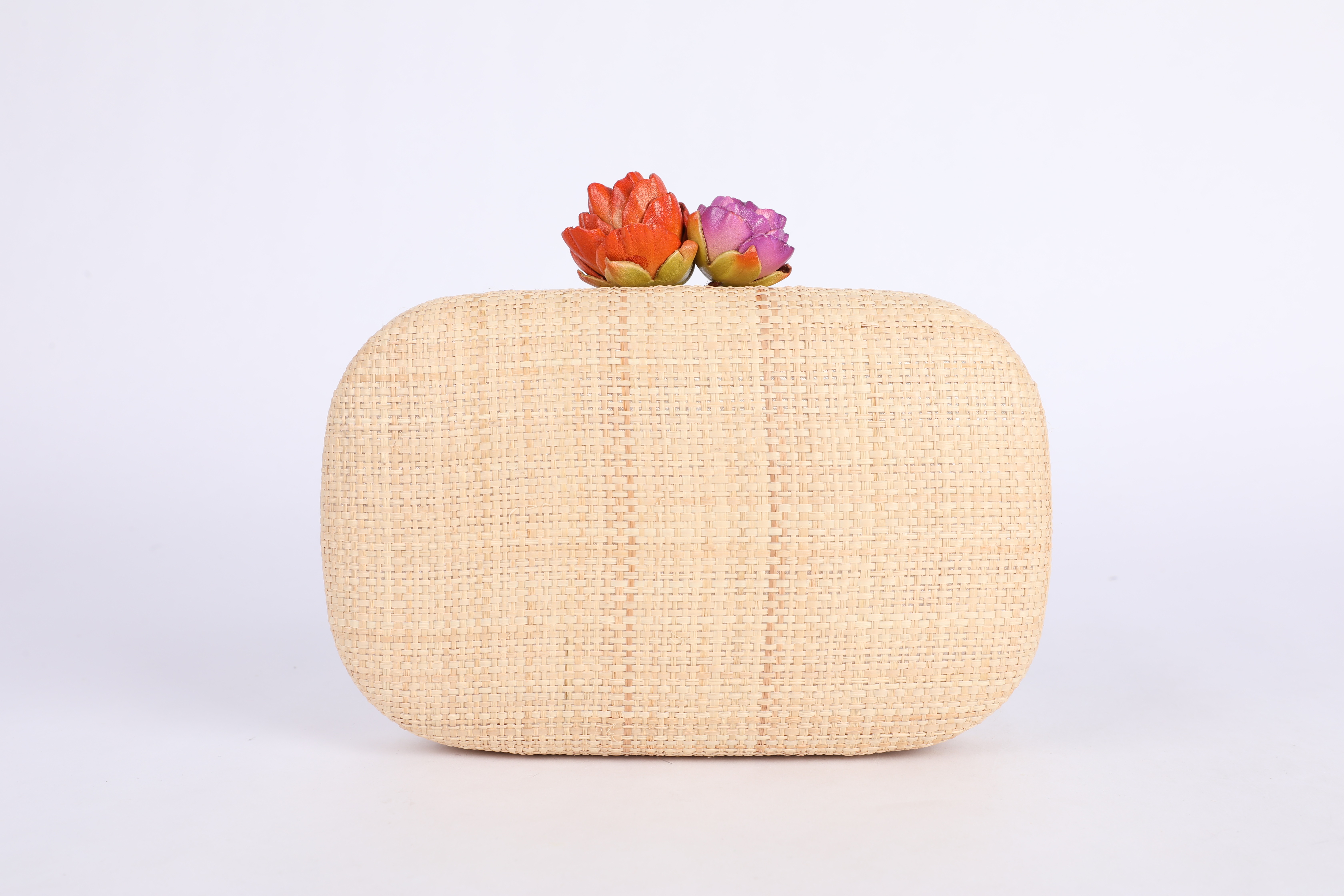 Natural Raffia Hard-Shell Evening Clutch with Floral Clasp