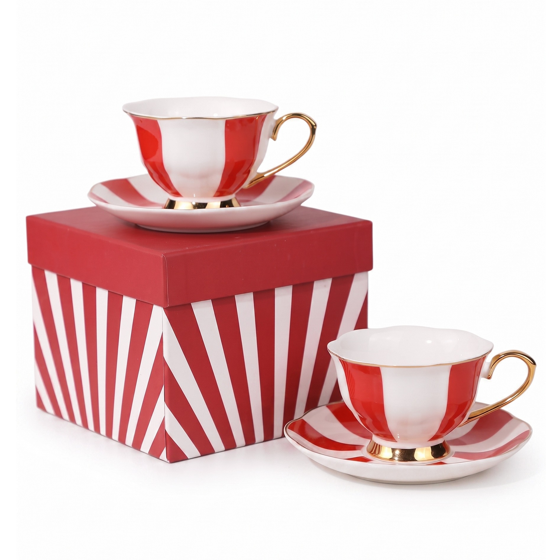 Red‑White Stripe Gold Rim Tea Cup and Saucer Set