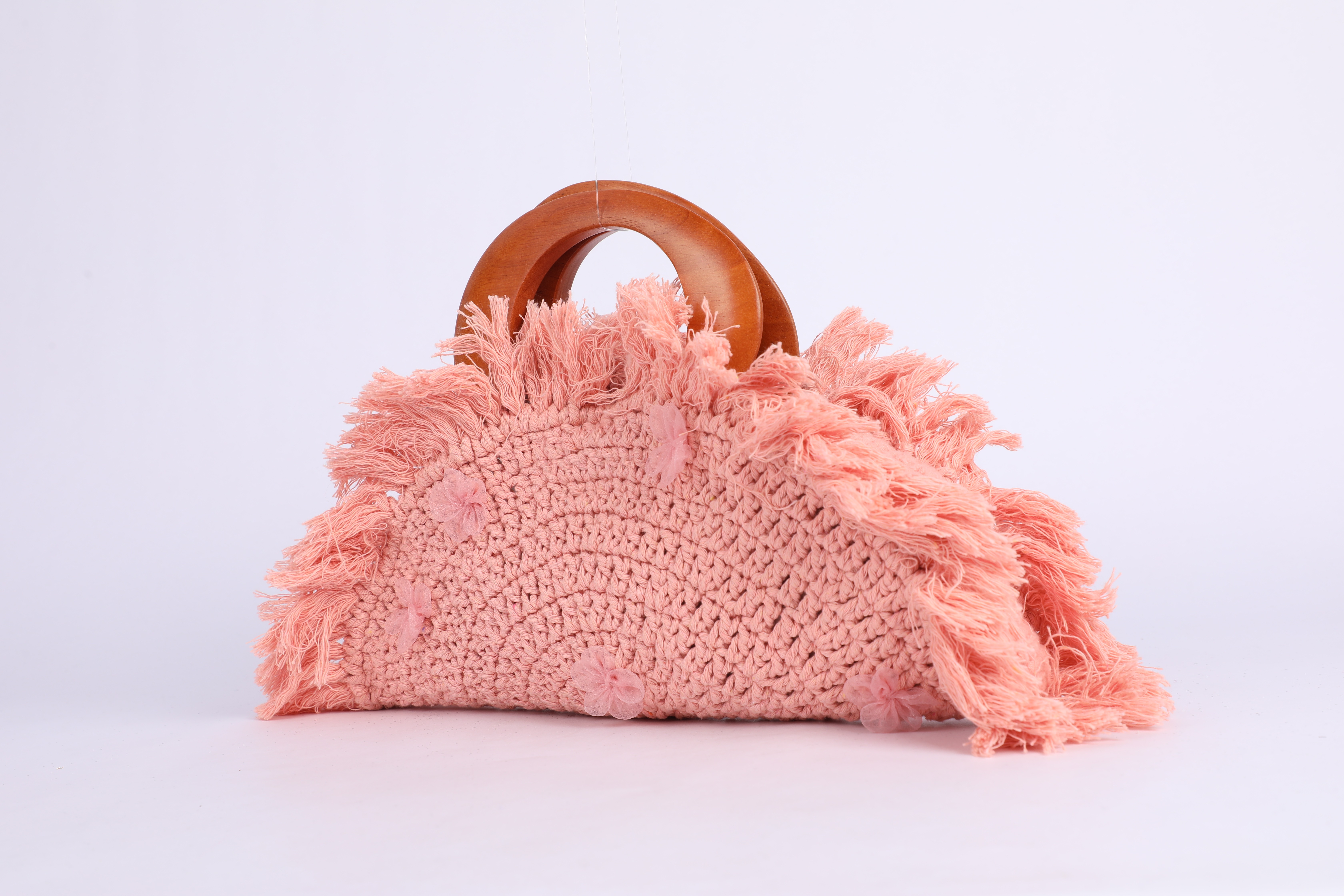 Coral Pink Crochet Fringe Wood-Handle Handbag