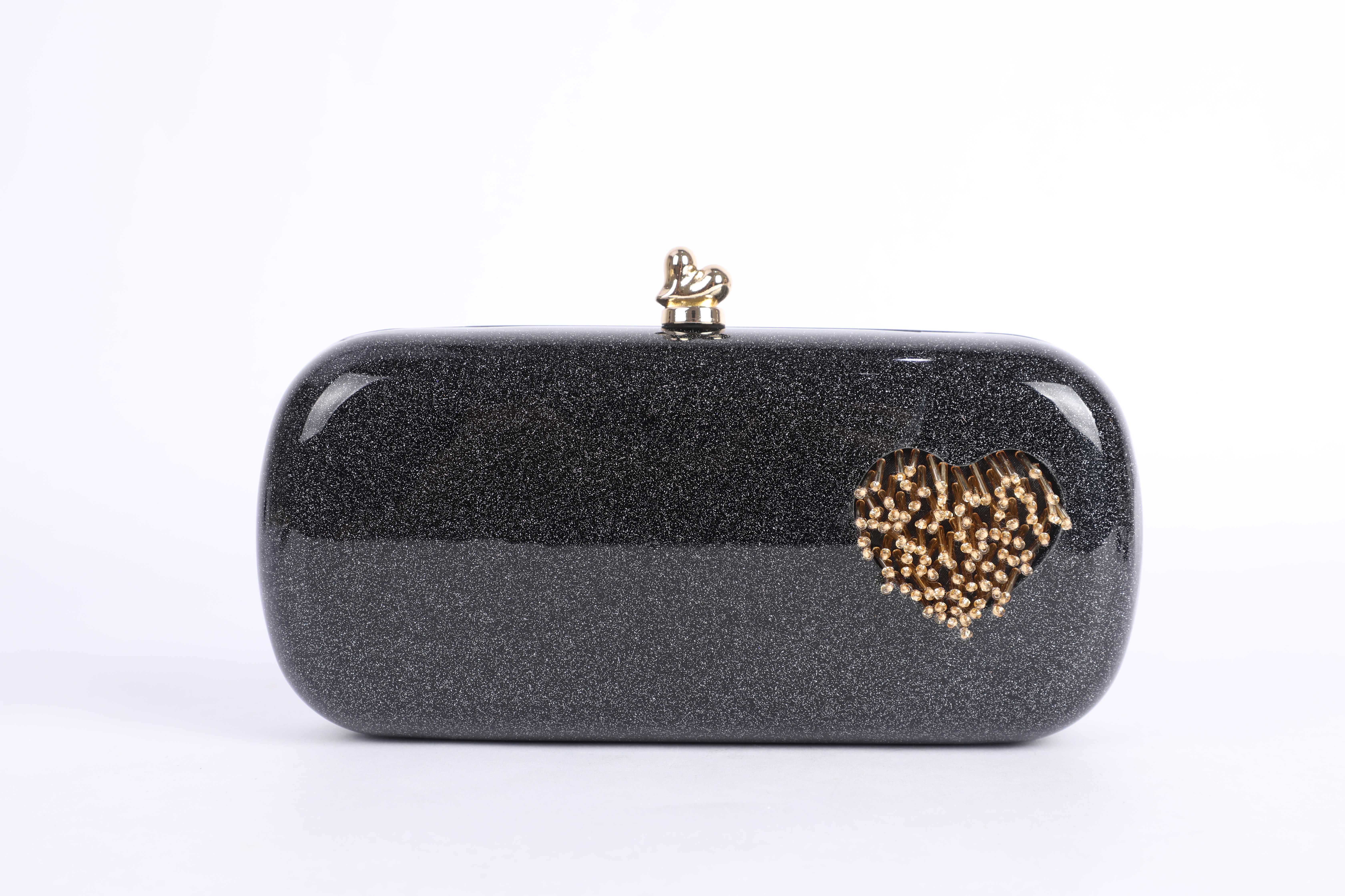 Black Glitter Acrylic Evening Clutch with Heart Ornament