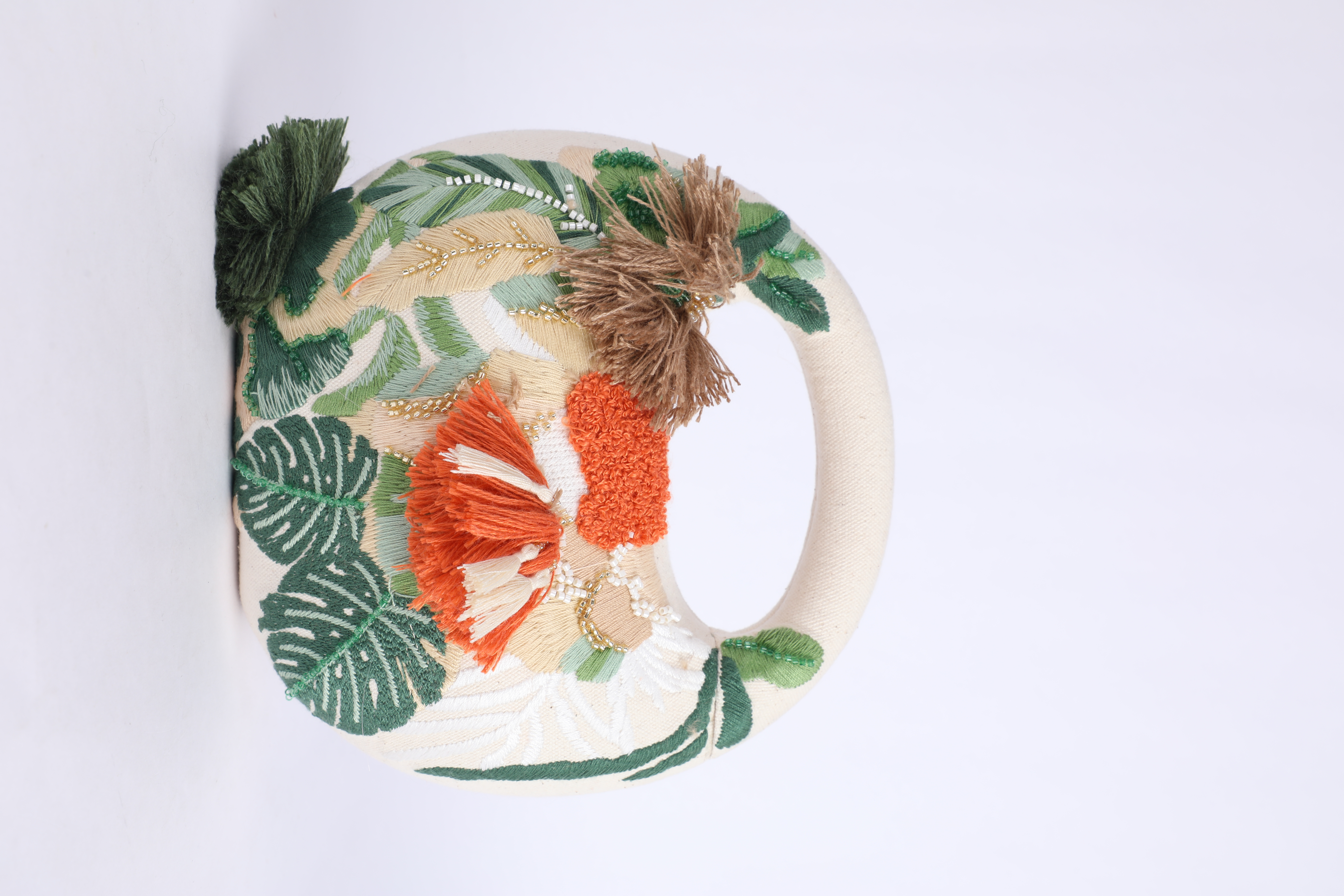 Tropical Embroidered Tassel Round-Handle Handbag