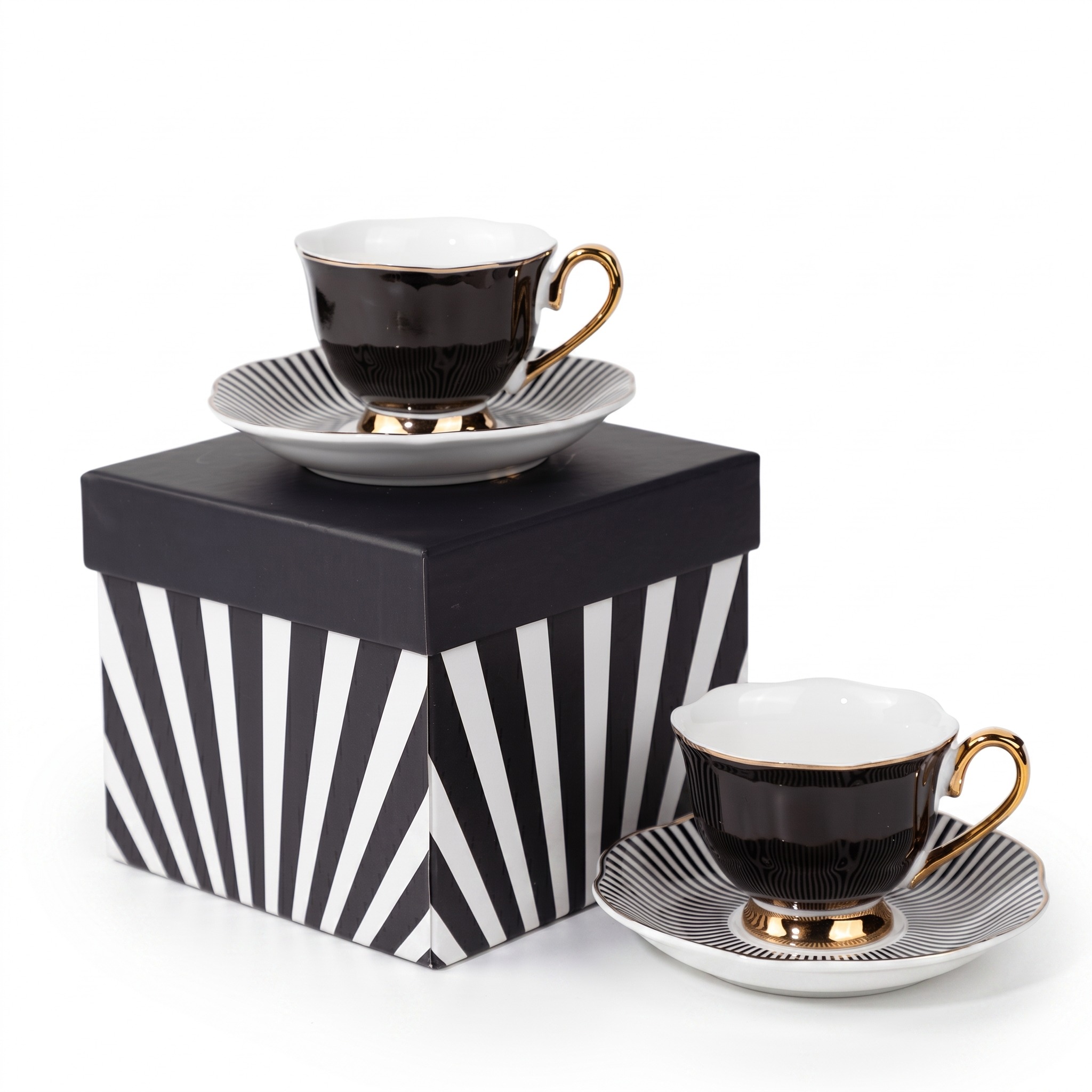 Vintage Black‑White Stripe Ceramic Coffee Cup Saucer Set