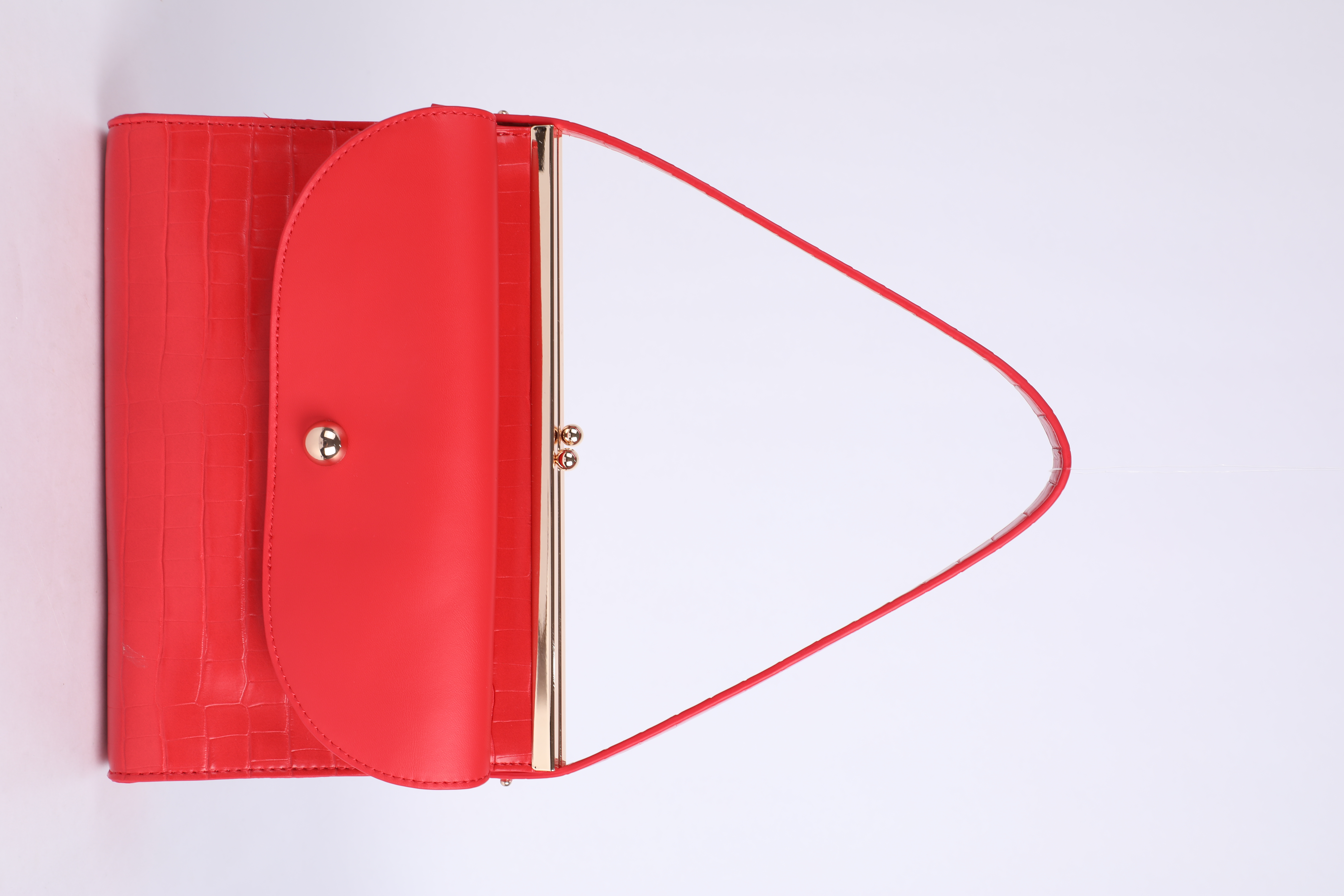 Red Croc-Embossed Double-Layer Metal Frame Shoulder Bag