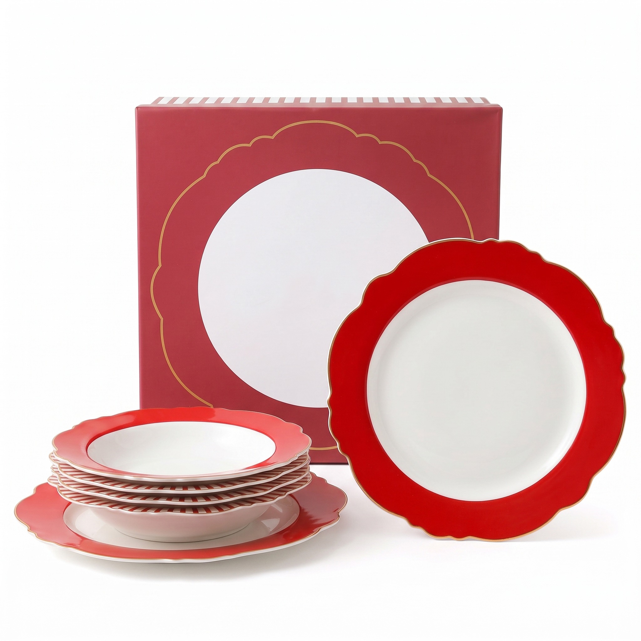 Vintage Red‑Trim Scalloped Edge Porcelain Plates Gift Set
