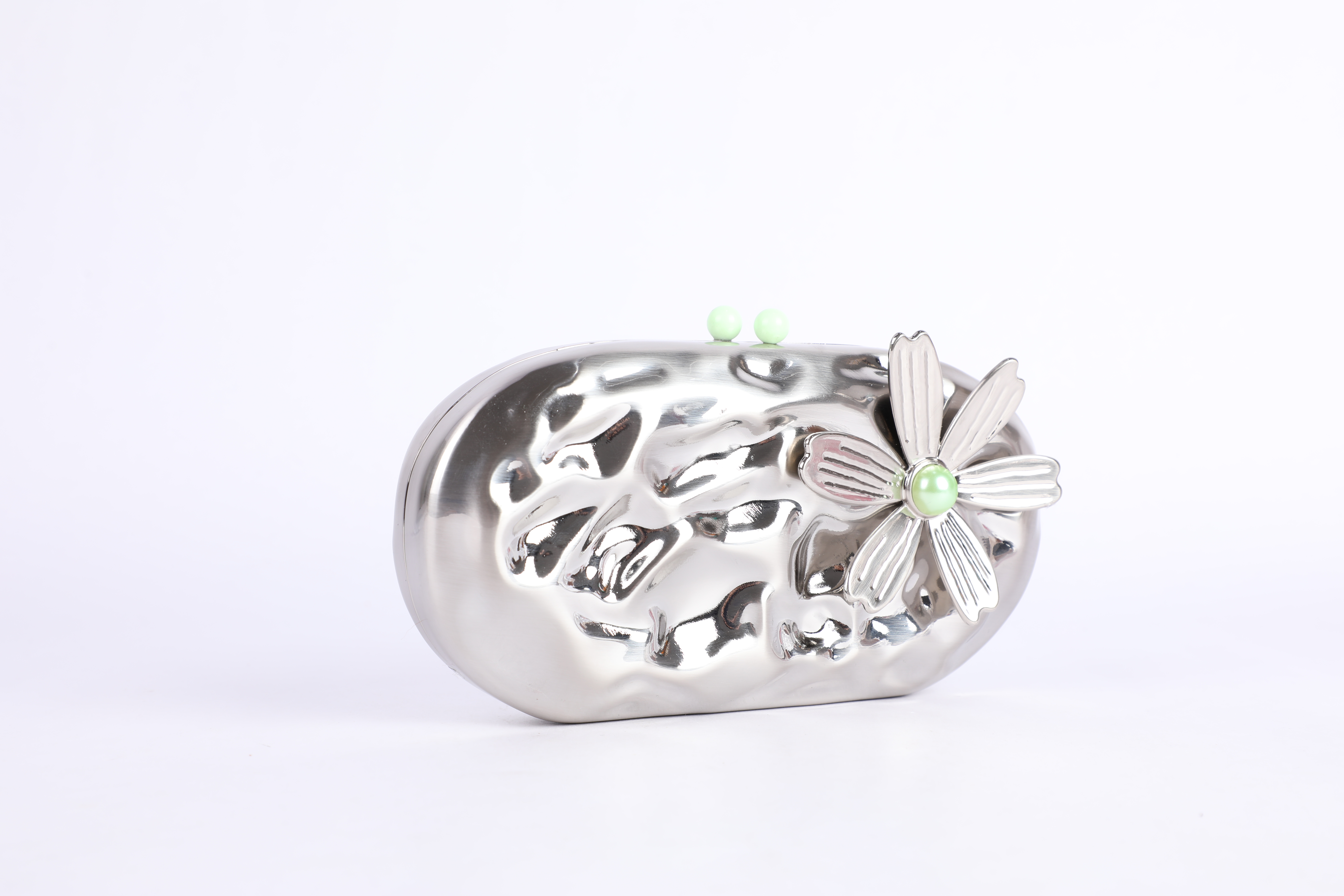 Silver Hammered Metal Evening Clutch with Dimensional Flower