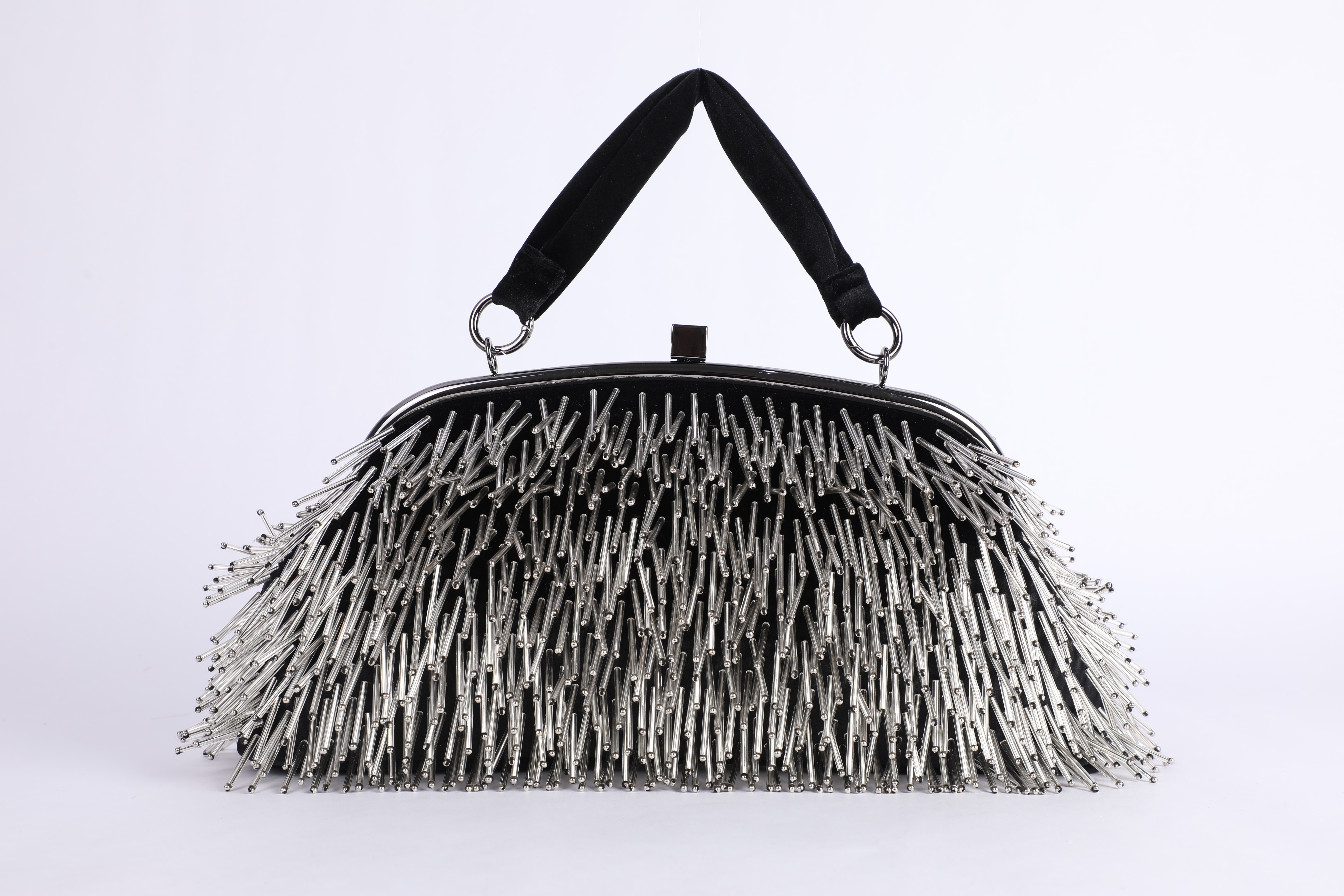 Black Velvet Silver Bugle-Bead Fringe Frame Evening Bag