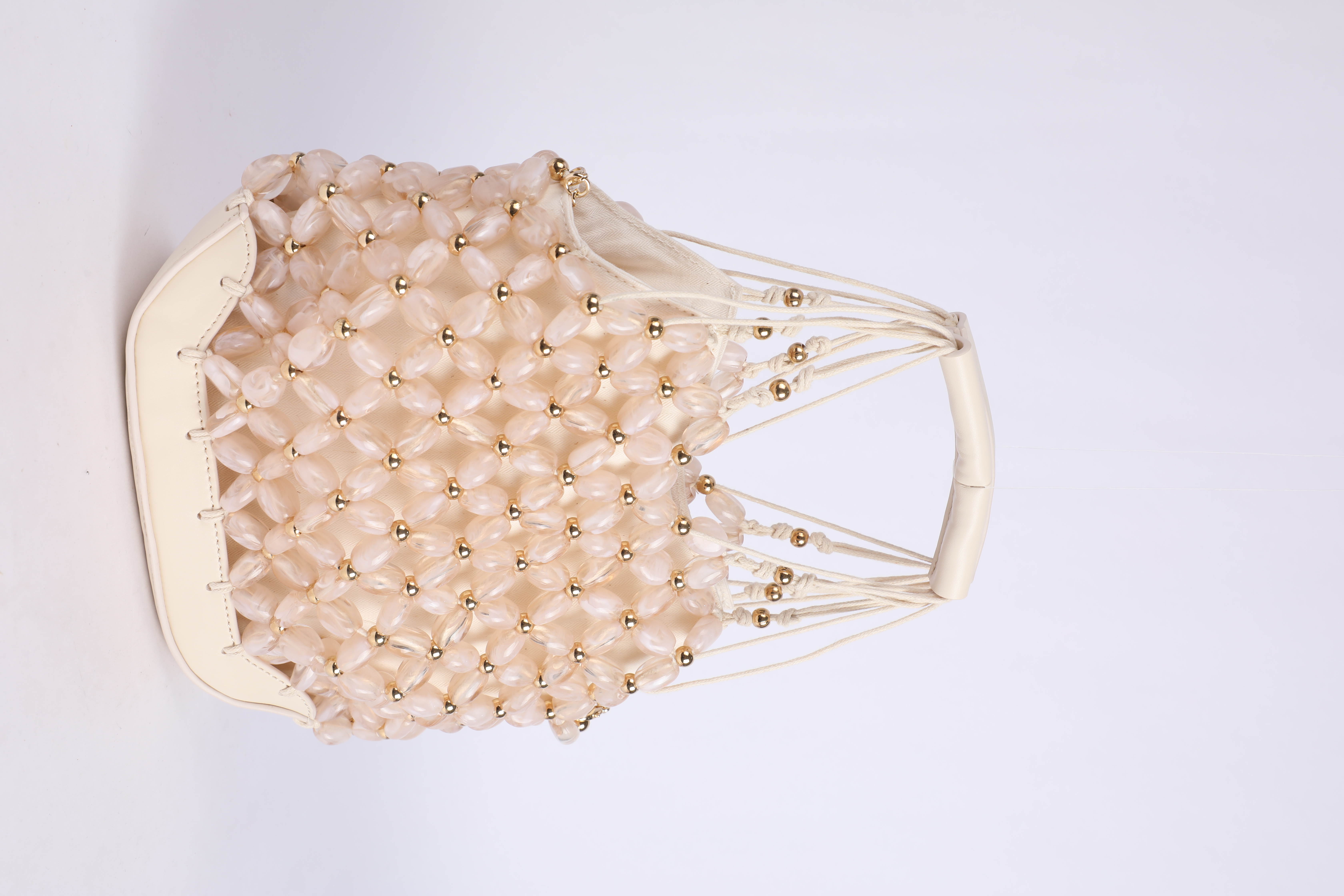 Ivory Resin-Bead Net Bucket Handbag
