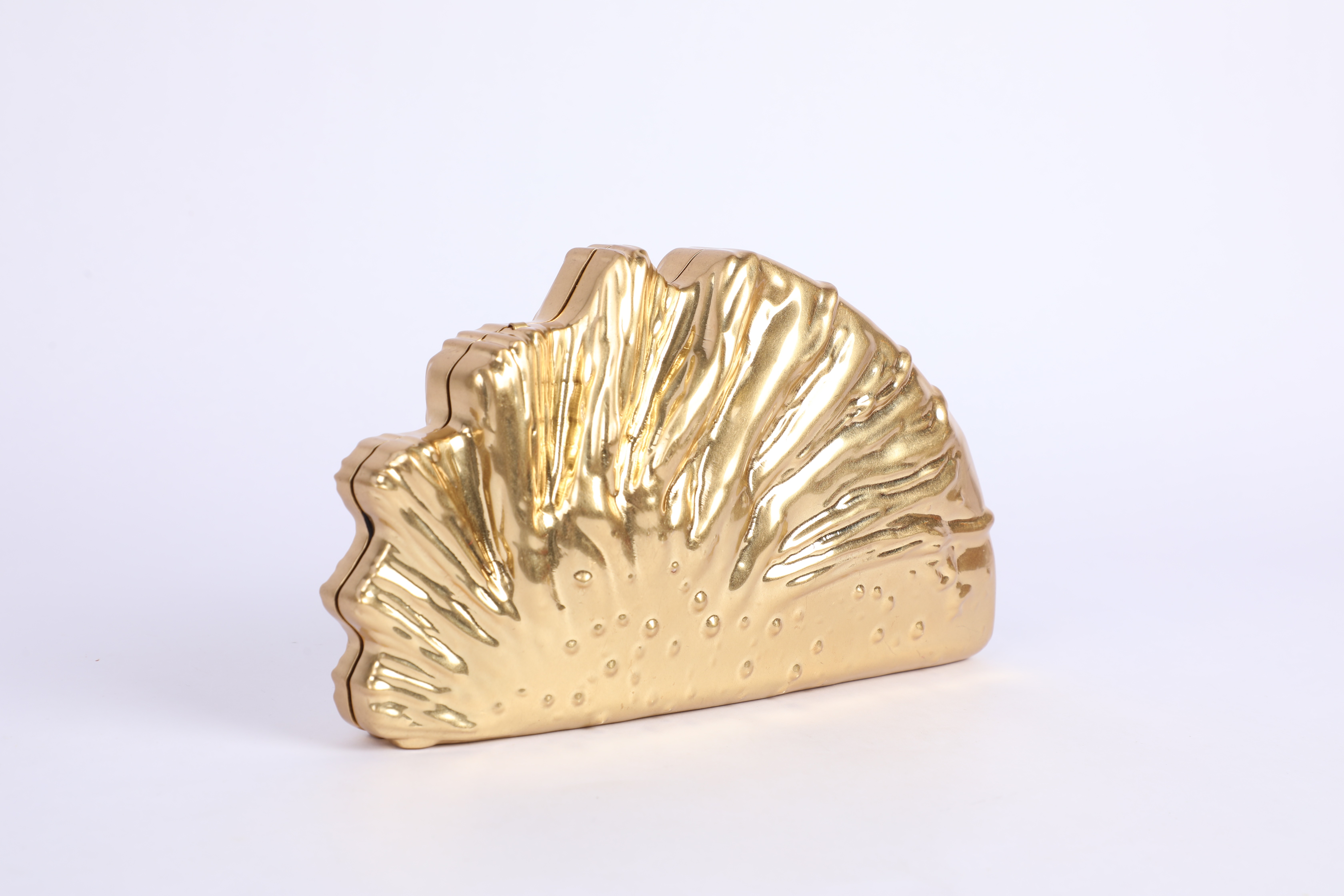 Gold Fan-Leaf Sculptural Metal Evening Clutch