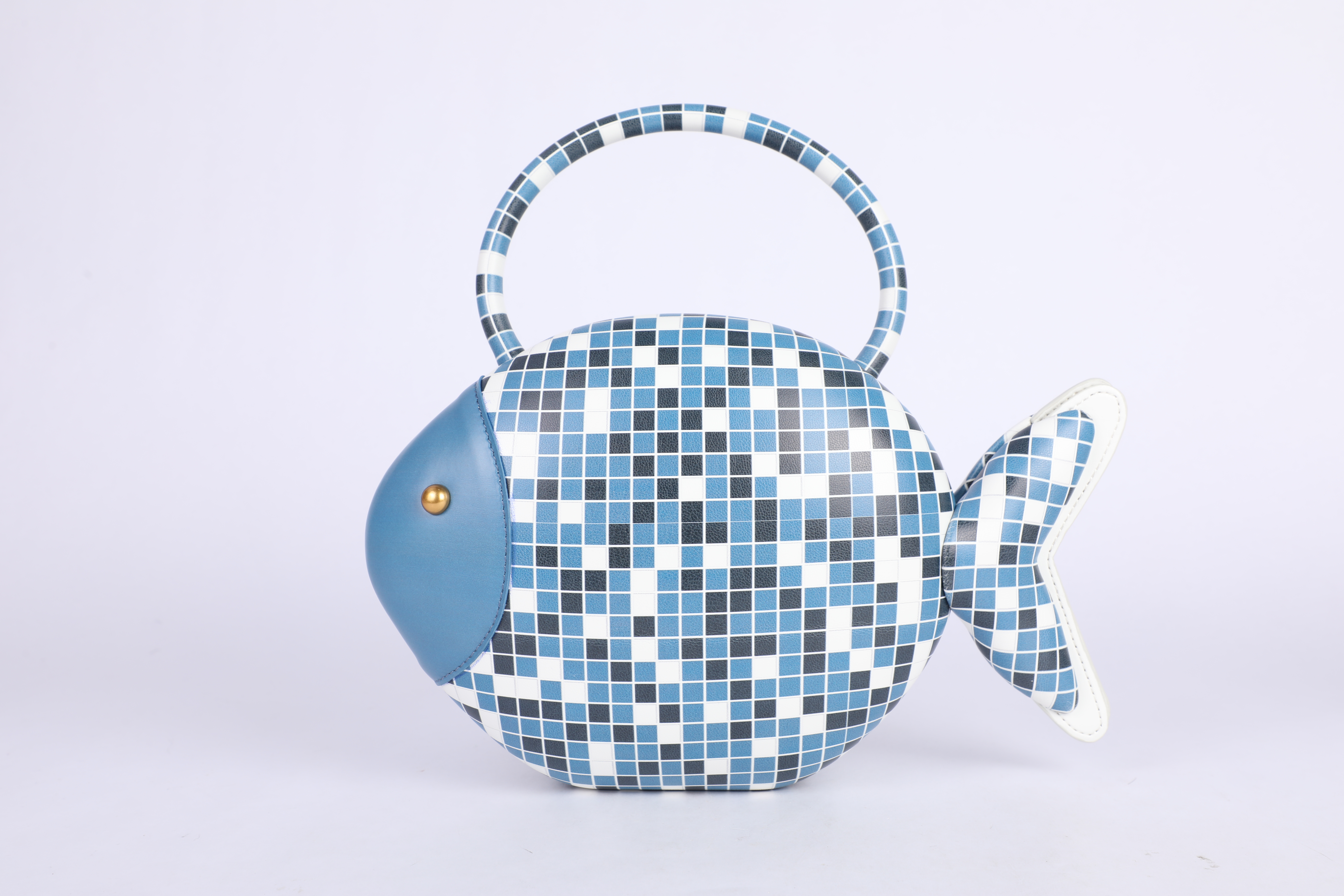 Blue and White Mosaic Fish-Shaped Top Handle Bag